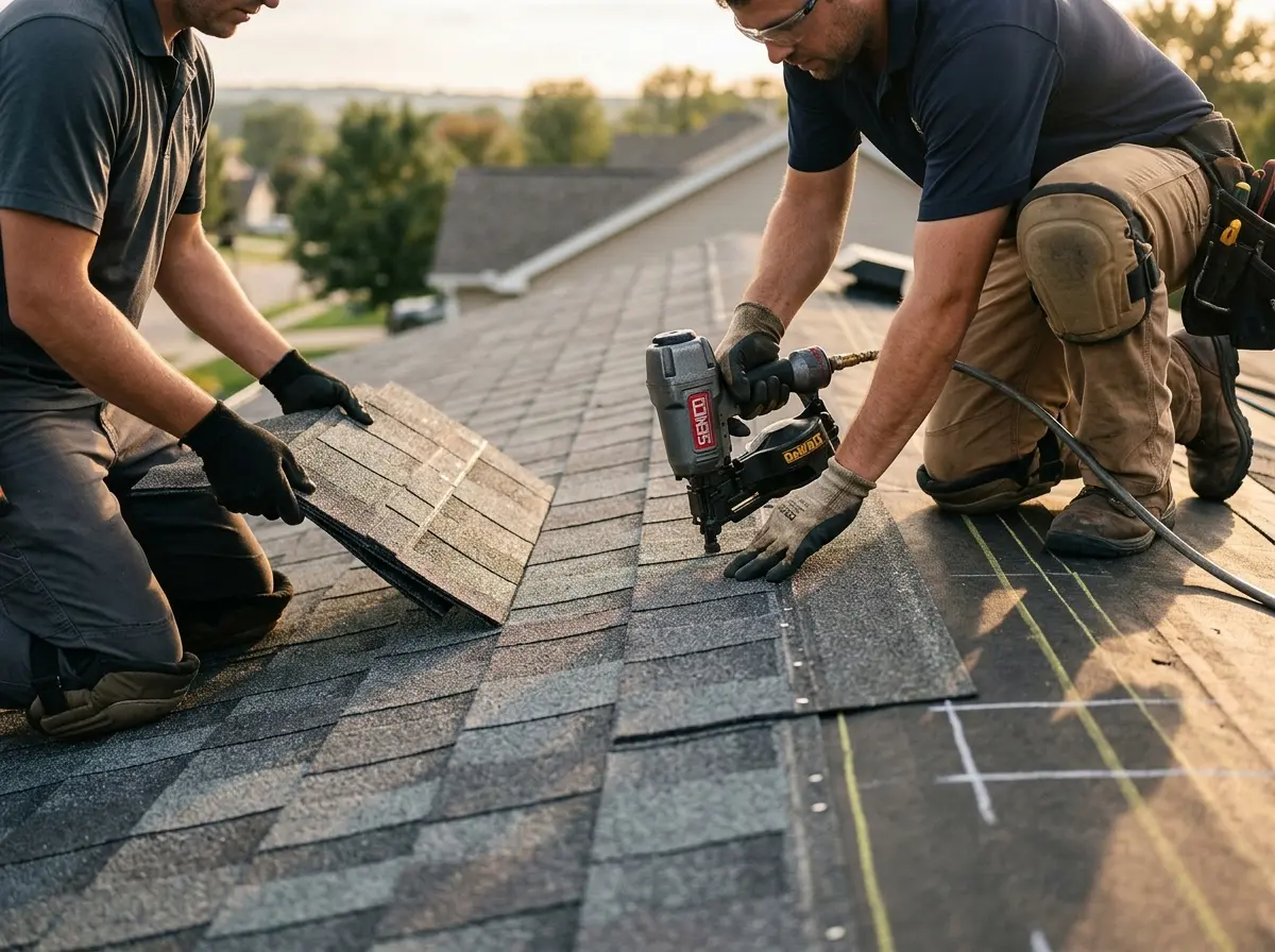 Professional roofer working on a residential roof in Woodlawn